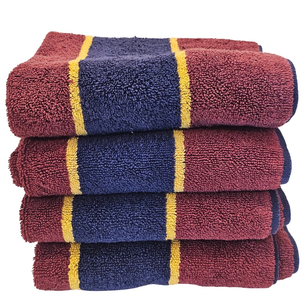 Vintage Ralph Lauren Hand Towel Set 4 Burgundy Navy Blue Yellow Striped USA Made